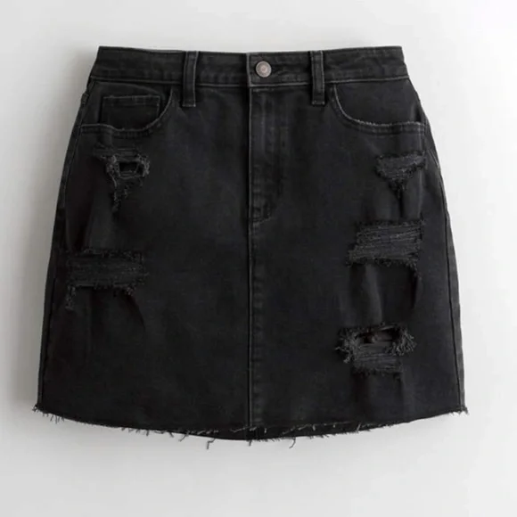 Hollister Denim Mini Skirt Ultra High Rise Distressed Black Size 7 Waist 28” - Picture 2 of 15